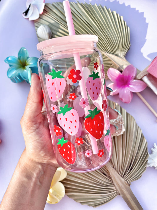 Pink ombré strawberry Glass Tumbler (450ml)